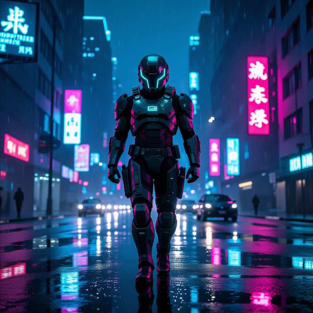 Neon Noir Enforcer Patrolling Cyberpunk Metropolis