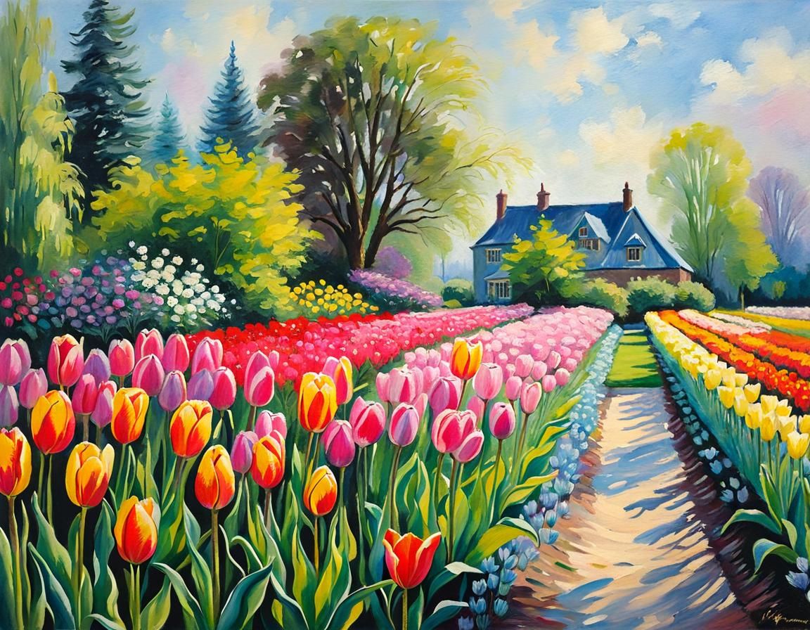 Pastel Tulips in Garden: Impressionist Landscape