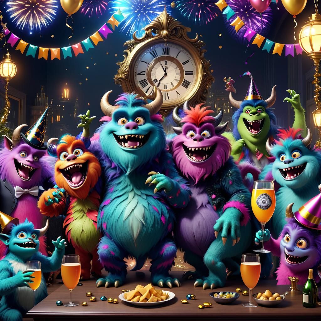 Festive Monster Party Celebrating New Year's Eve