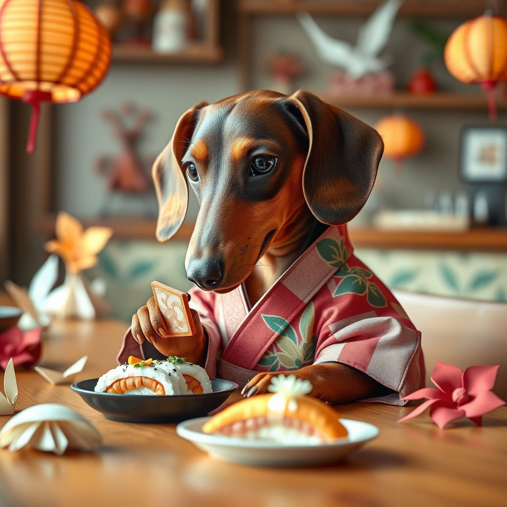 Dachshund Sushi Chef in Japanese Paper Art Style
