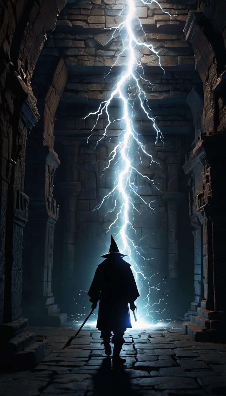 Fantasy Wizard Summons Electric Power in Dungeon