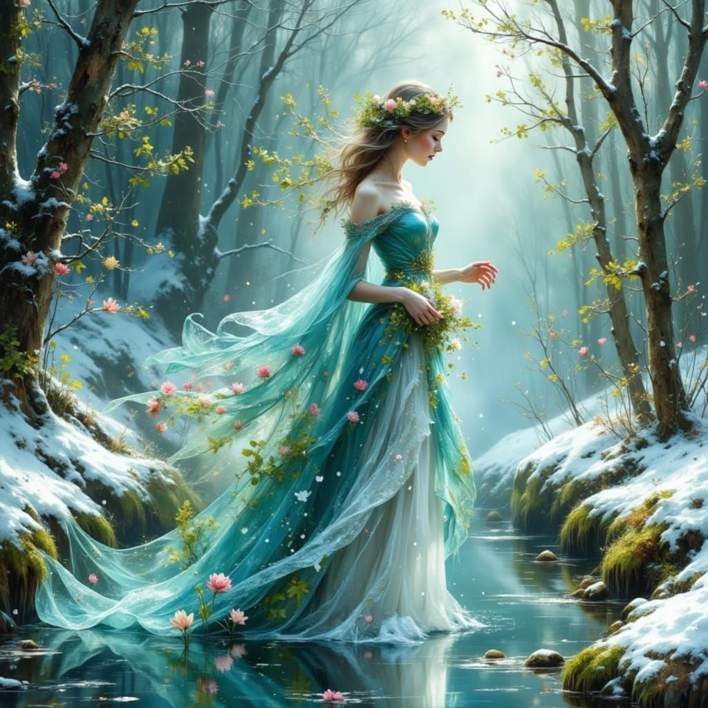 Dryad Embraces Winter and Spring in Magical Forest