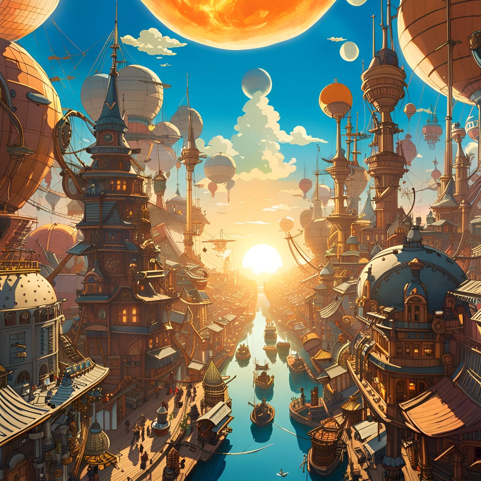 Sunny Solarpunk Cityscape with Sailing Ships
