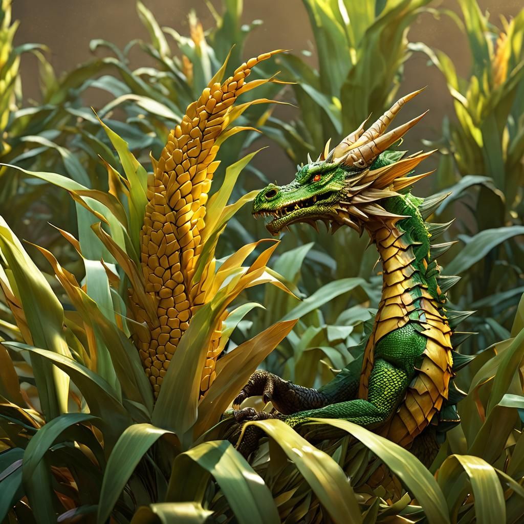 Corn-Dragon Hybrid in Vibrant 3D Digital Art