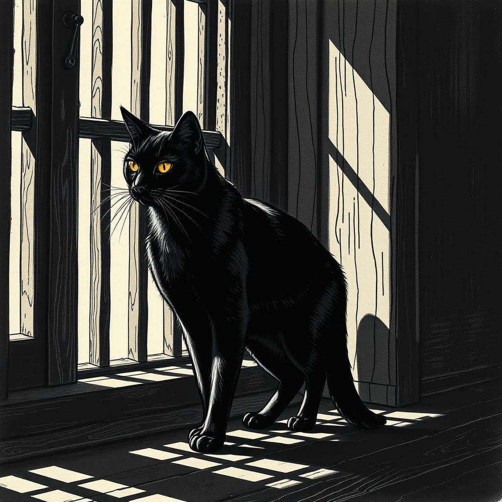 Scratchboard art black and white picture of a cat standing n...
