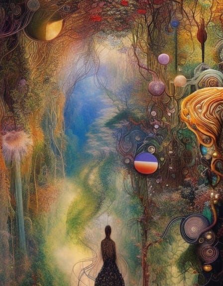 Sunset Wizard Woman in Vines, Collage Art