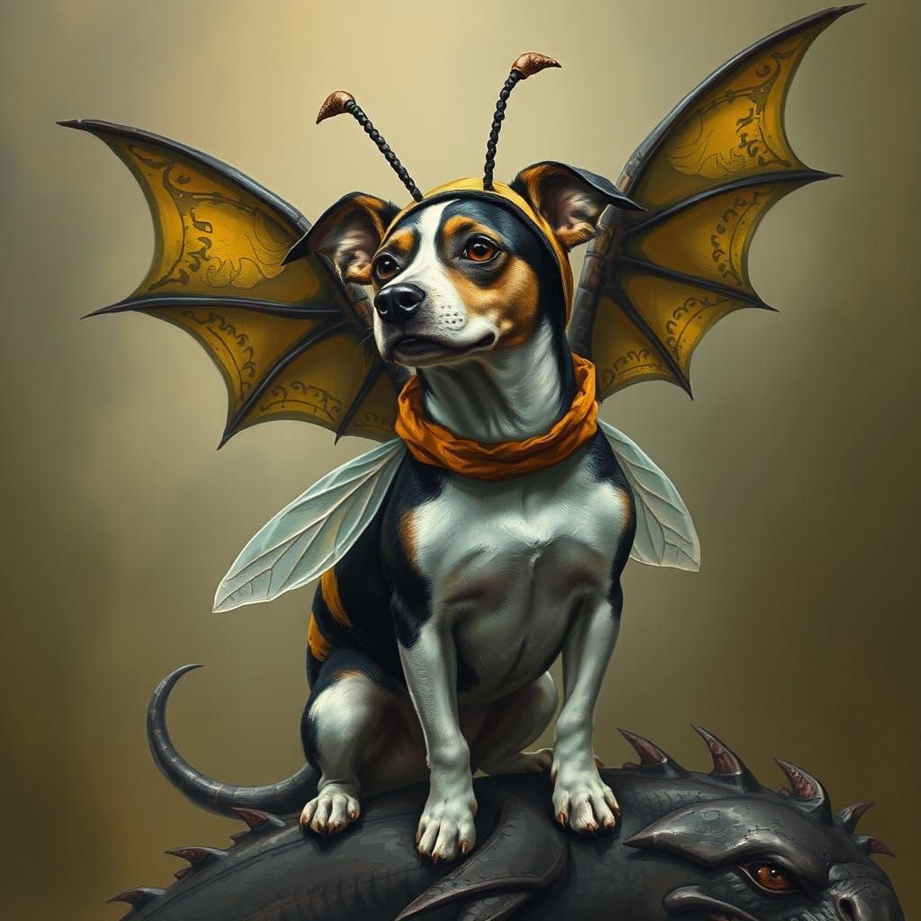 Fantastical Jack Russell Dog soars on Dragonback in Whimsica...