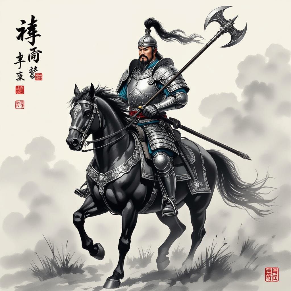 Majestic General on Horseback in Chinese Ink Style