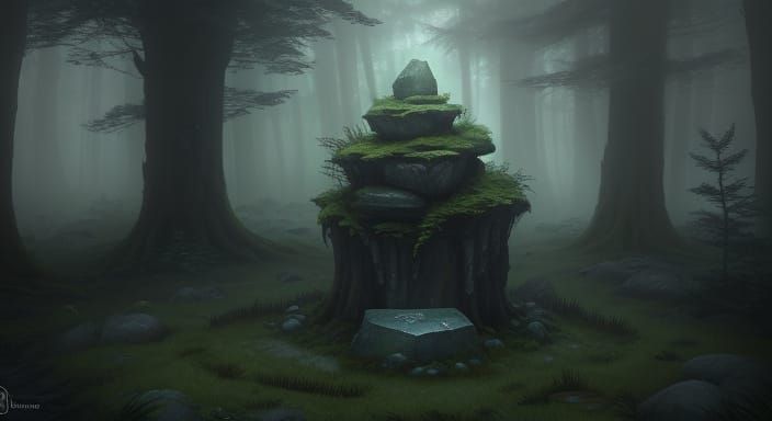 Mysterious Glowing Rune Stone in Enchanted Forest