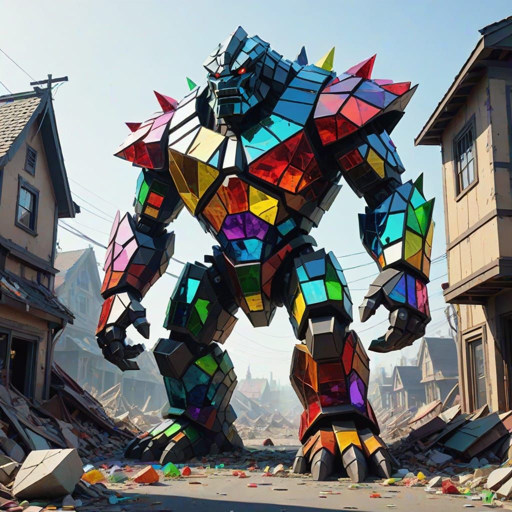 Glass Kaiju Golem Towers Over Ruined Town