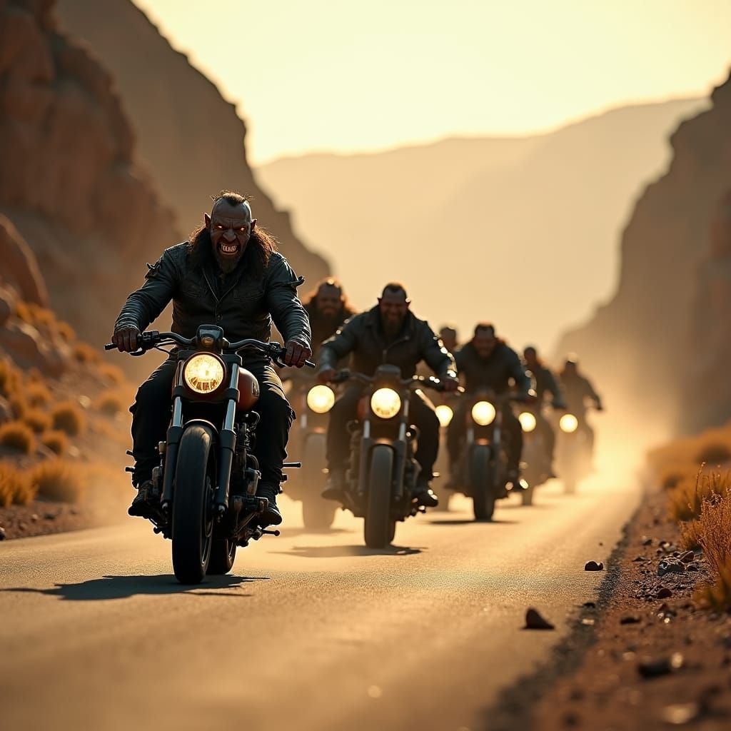 Orcs Ride Motorcycles Through Desert Mountains