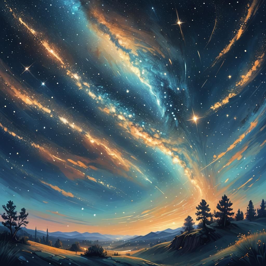 Stars Fall in Night Sky: Impressionist Fantasy Art