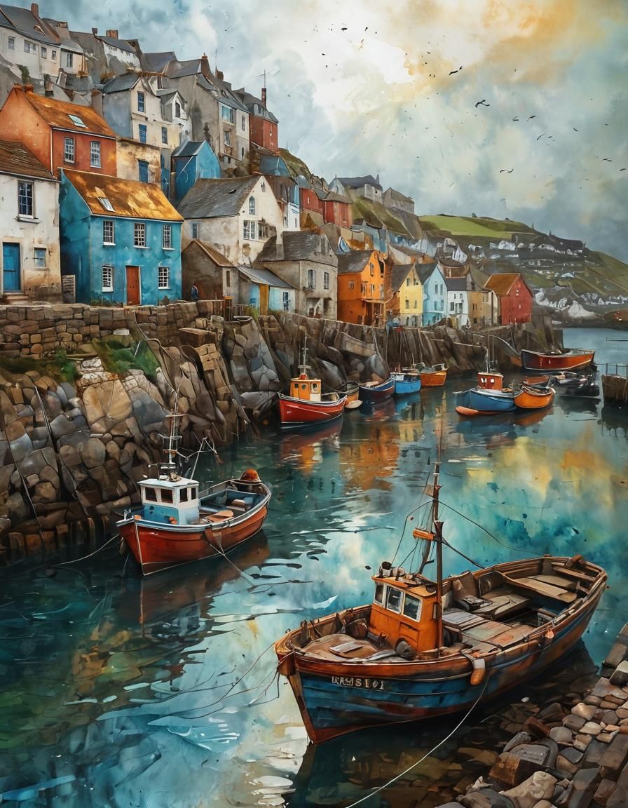 Mevagissey Harbor: Rusty Metal and Alcohol Ink Artwork