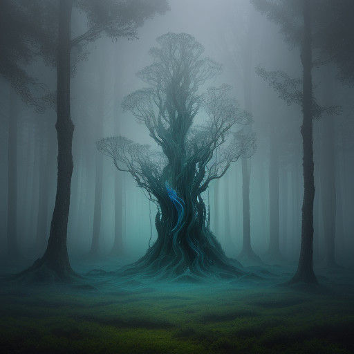 Surrealistic Alien in Misty Forest Landscape