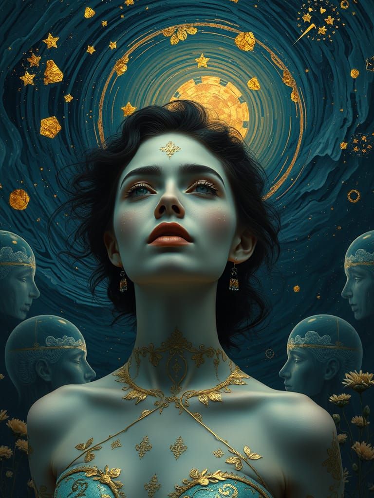 Ethereal Woman in Dreamscape with Gold Leaf Patterns