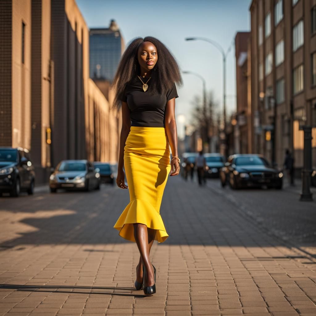 African Woman in Yellow Skirt Walking in City