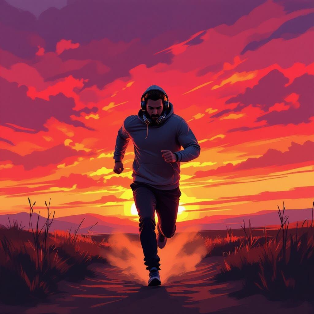 Man Sprinting Towards Fiery Sunset in Painterly Style