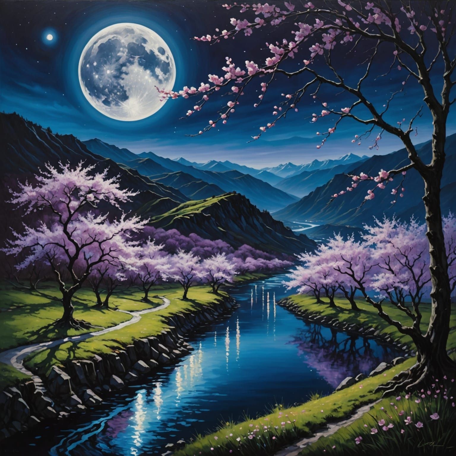 Moonlit Cherry Blossom River in a Dark Mountainscape