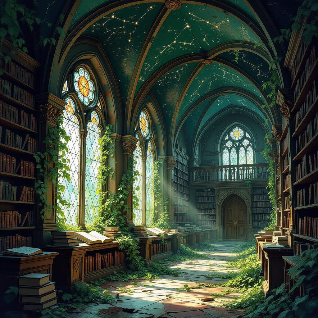 Majestic Ancient Library Overgrown with Vines