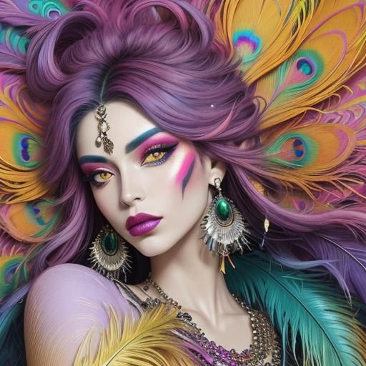 Abstract Portrait of Woman with Peacock Feather Hair