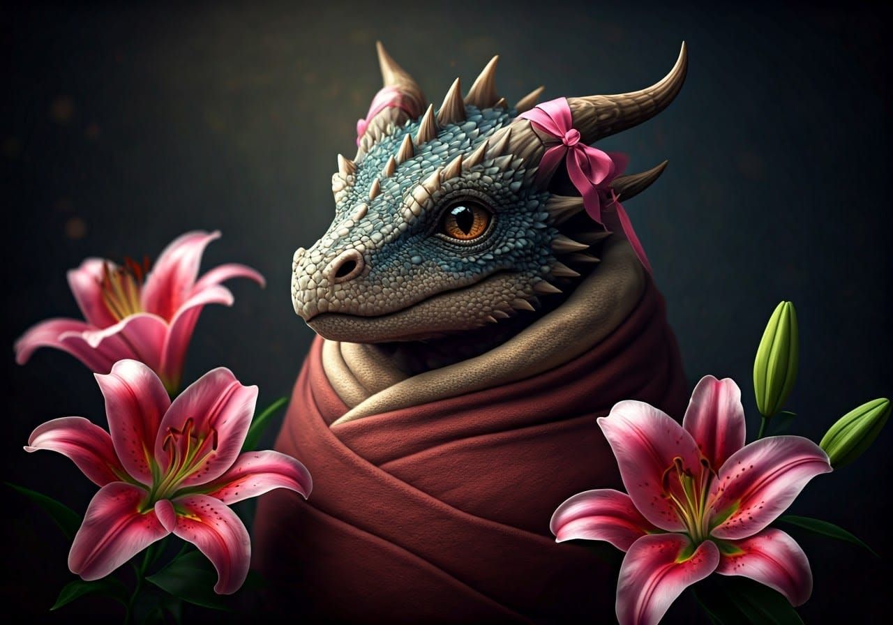 Adorable Baby Dragon with Pink Lilies Digital Art