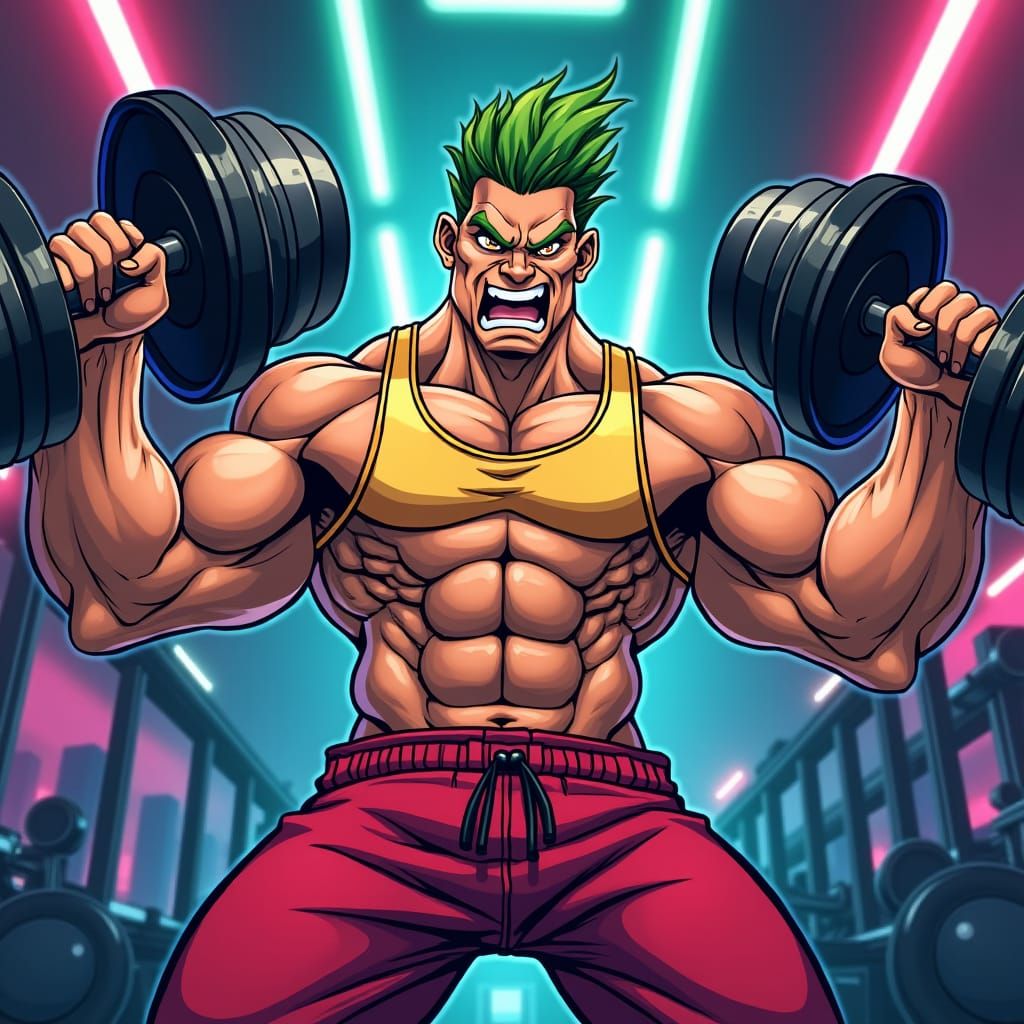 Muscular Bok Choy Weightlifting in Anime Style Gym