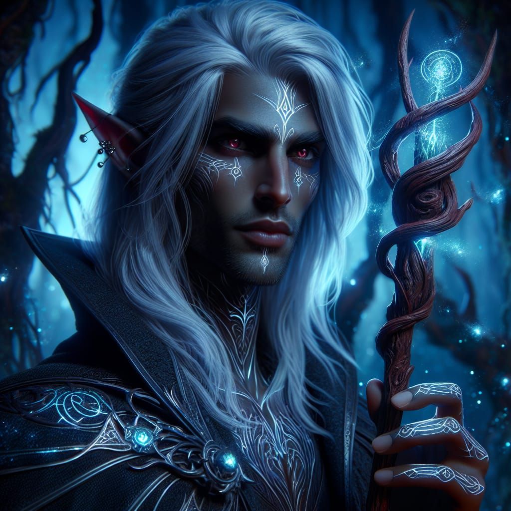 Dark Elf Mage Casting Spell in Mystical Forest