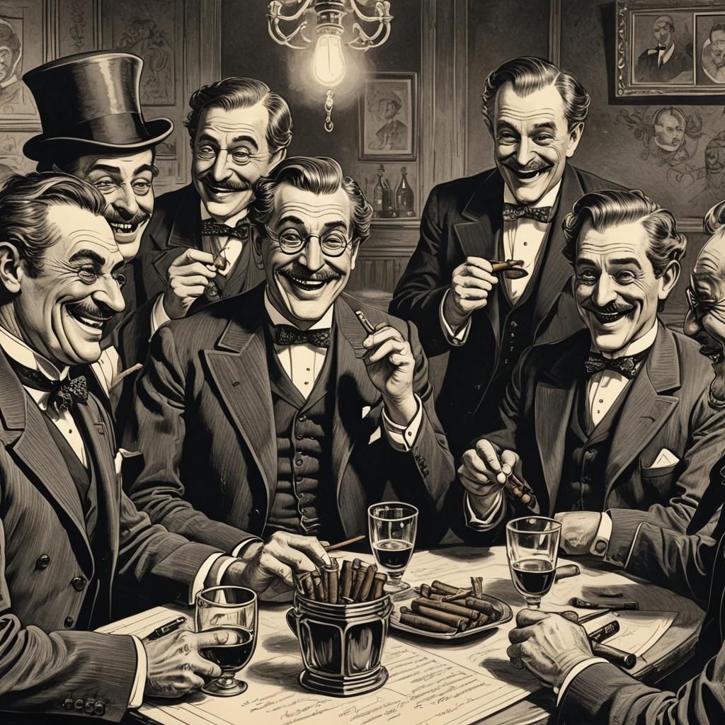 Victorian Men Toasting in Detailed Line Art Style