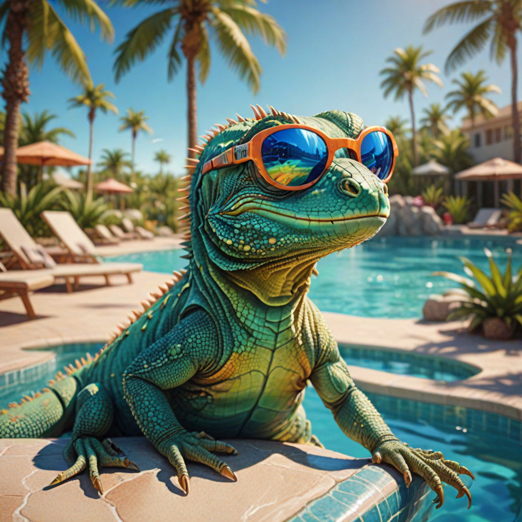 Lizard Enjoying a Fun Day by the Pool in Vibrant Summer Colo...
