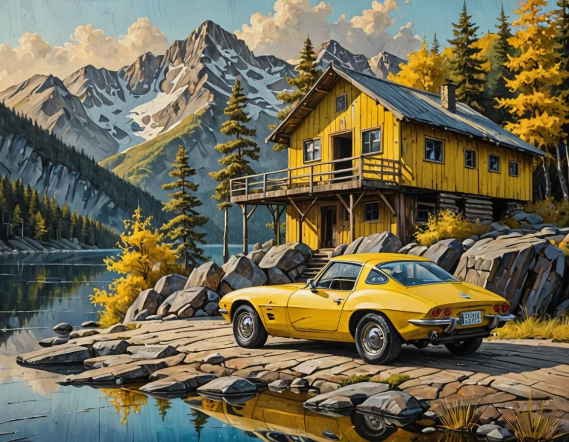 Yellow Opel GT by Mountain Lake, Acrylic Painting