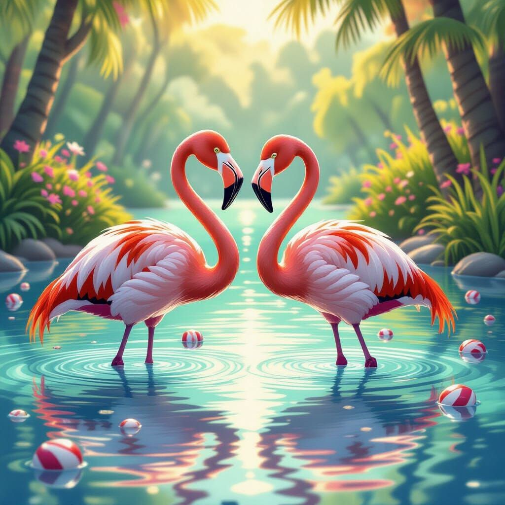 Kissing Flamingos in a Candy Lake