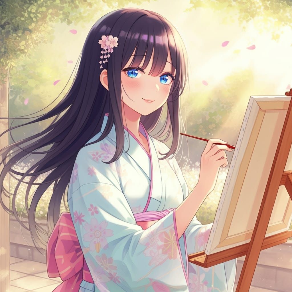 Girl Paints Masterpiece in Sunlit Garden with Vibrant Anime-...