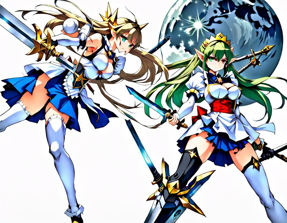 Anime-Style Maid and Elf Under Starry Sky