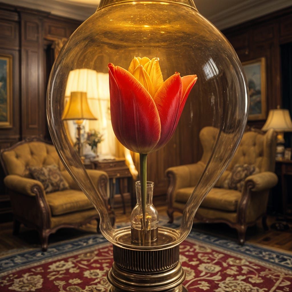 Hyperrealistic Tulip in Vintage Lightbulb