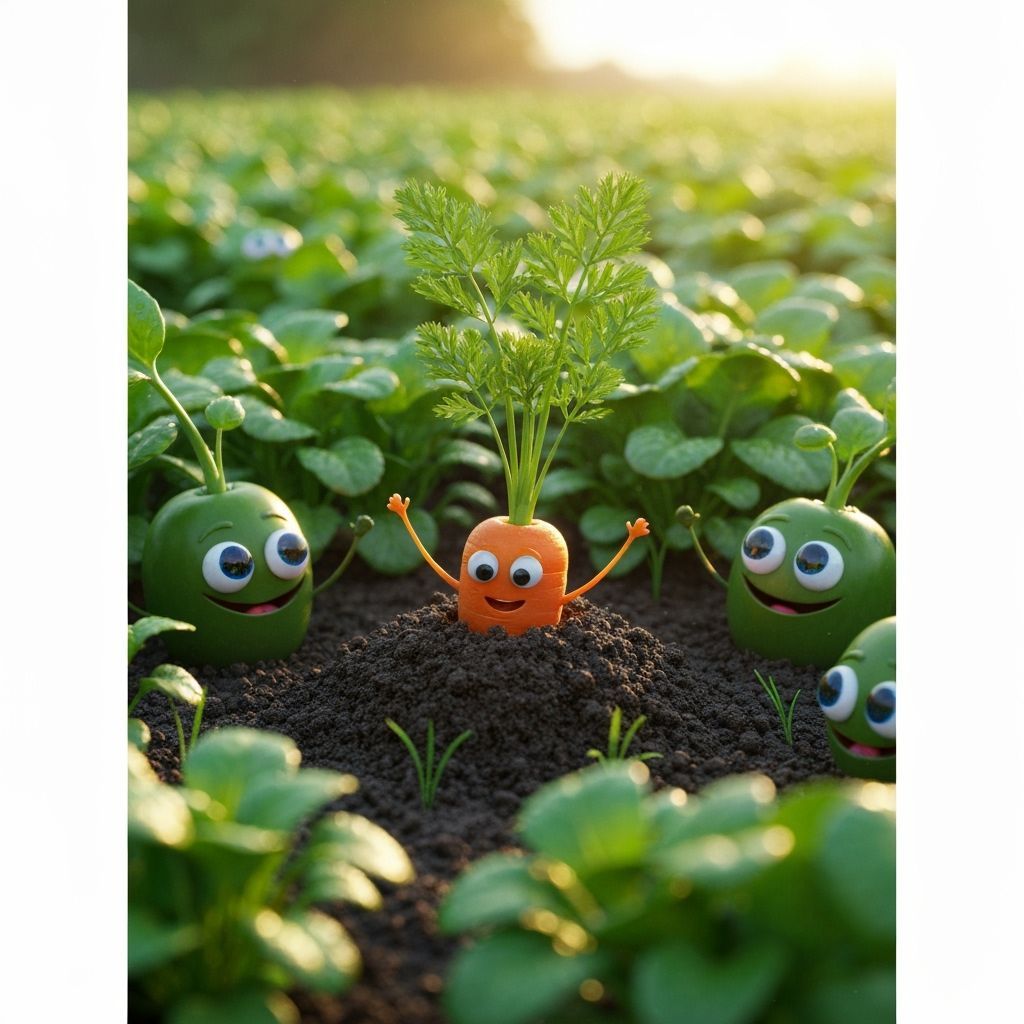 Lush Vegetable Garden with Smiling Carrot Creature