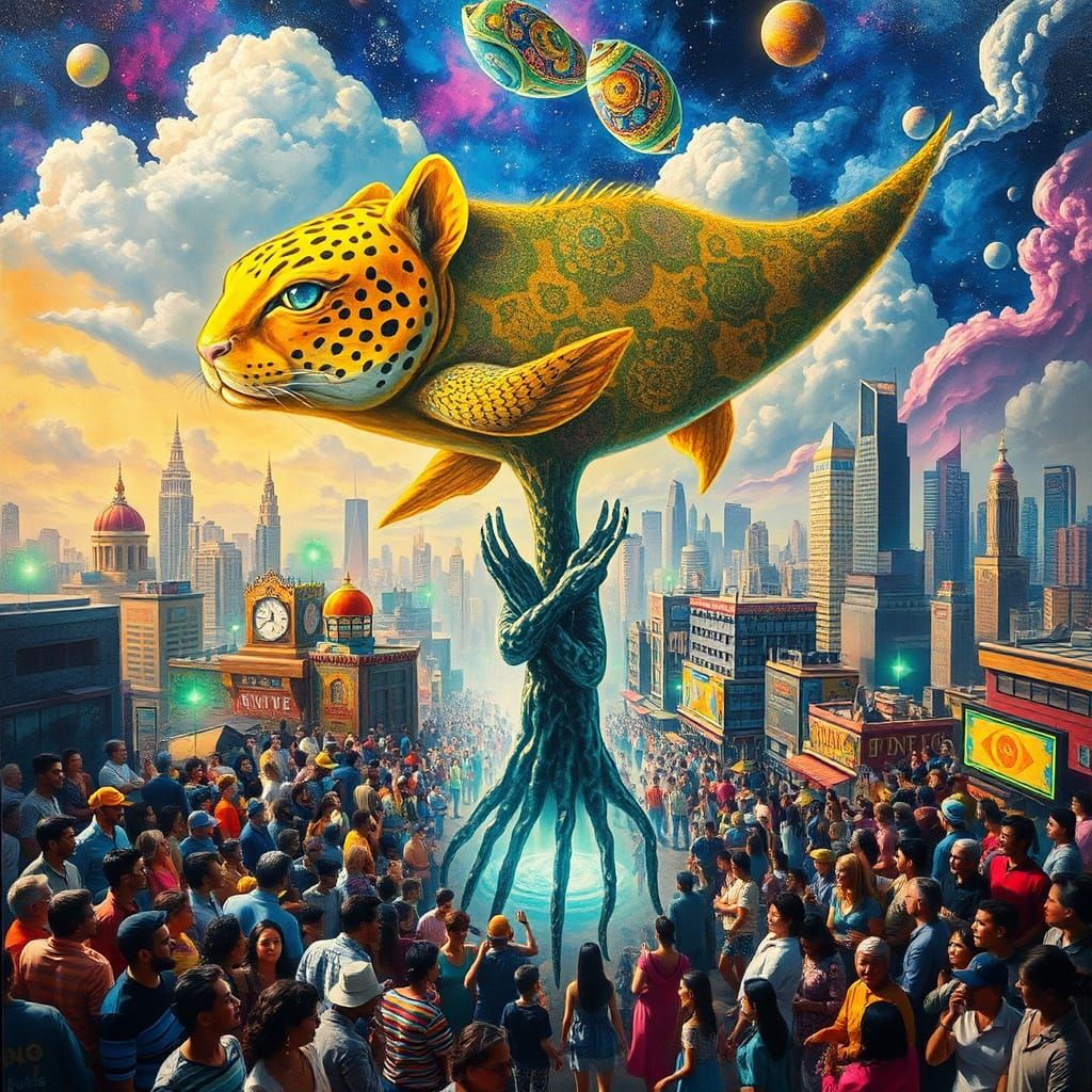 Surreal Metropolis with Celestial Beings in Dreamscape