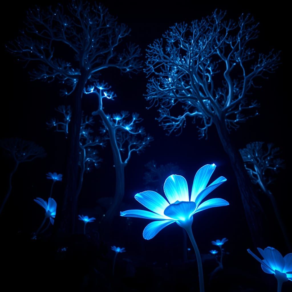 Ethereal Blue Flower in Deep Space Forest