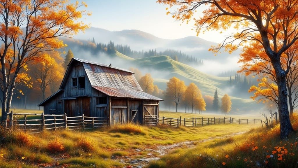Misty Morning Farm Landscape with Barn and Fence