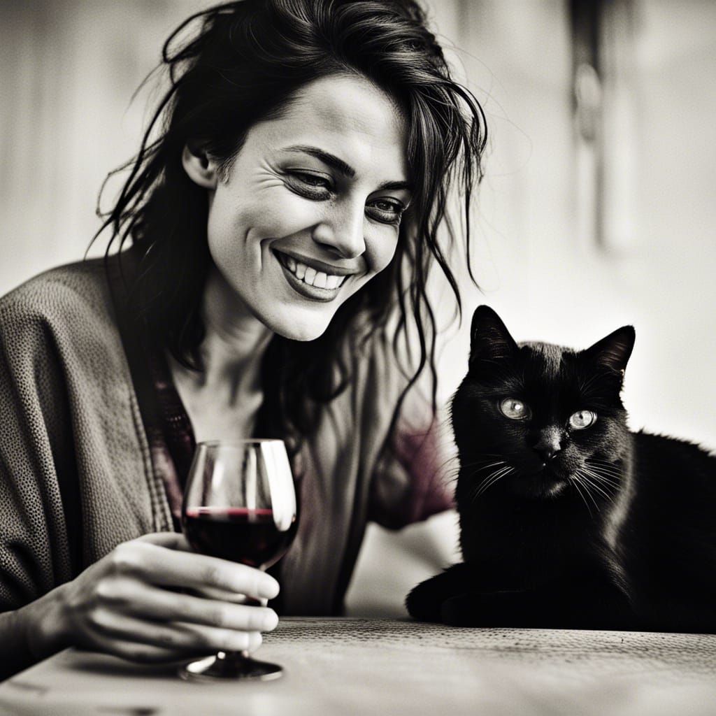 Woman and Cat: Ink Drawing Portrait