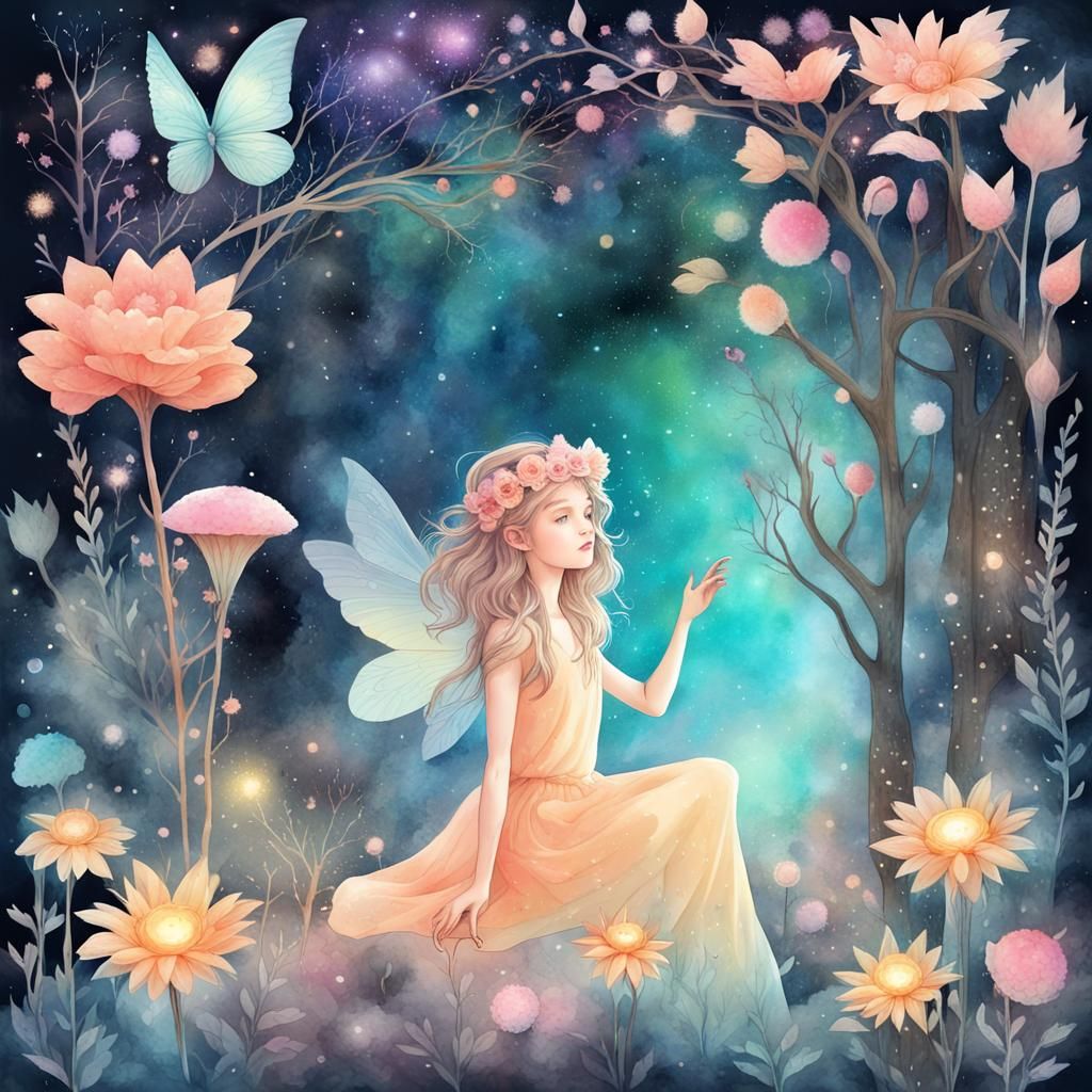 Fairies and Mystical Trees in Watercolor Style
