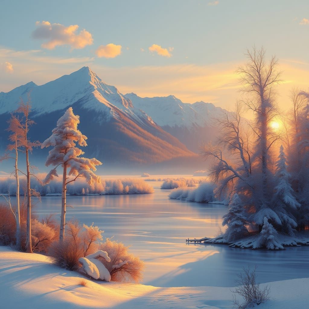 Winter Landscape at Dusk with Golden Light
