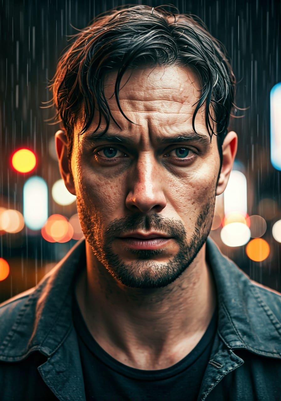 Hyperrealistic Portrait of a Man in the Rain