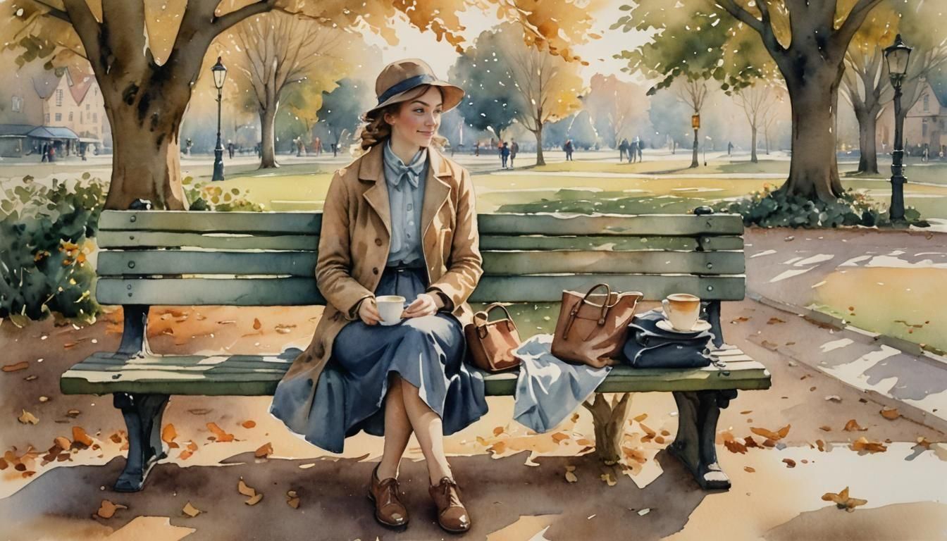 Watercolor Painting of Woman with Coffee in Autumn Park