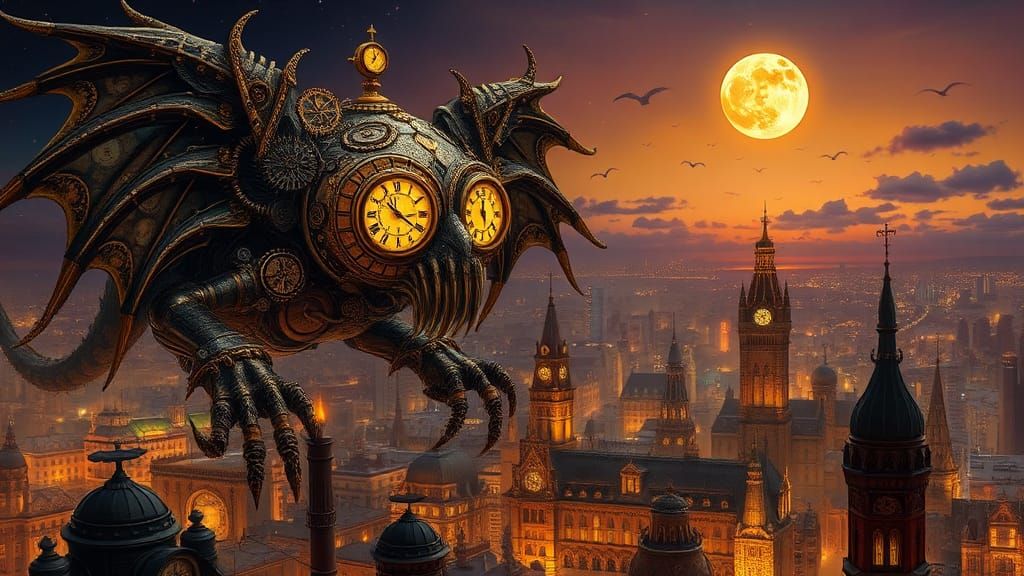 Steampunk Clockwork Creature Over Victorian Cityscape