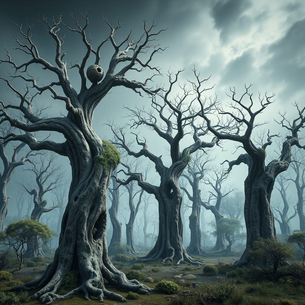 Ethereal Ancient Kelos Trees in a Misty, Primordial Landscap...
