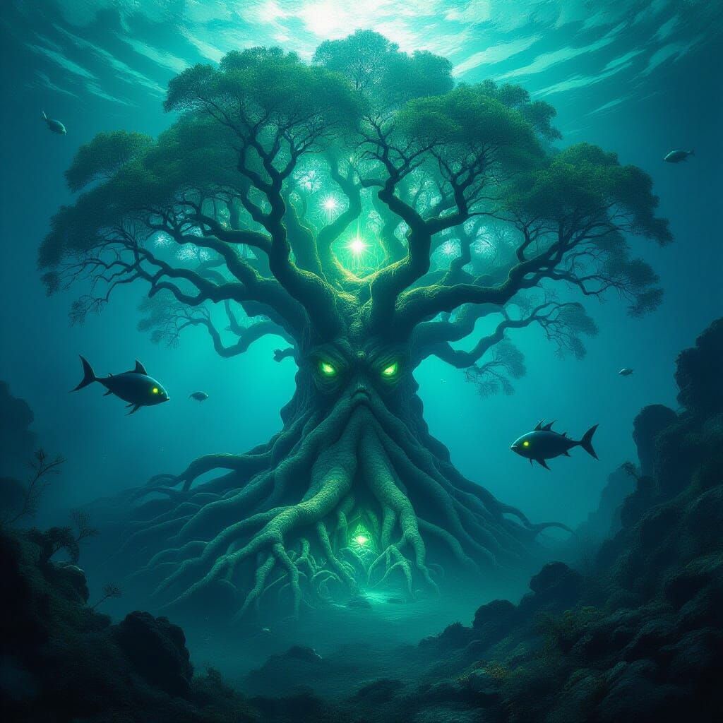 Ancient Bioluminescent Tree in Dark Fantasy Abyss