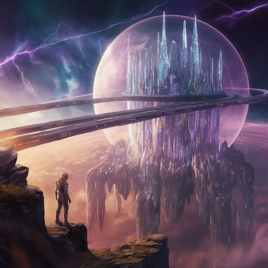 Create a unique, award-winning sci-fi image that transports the viewer into an awe-inspiring, futuristic world—a place w...