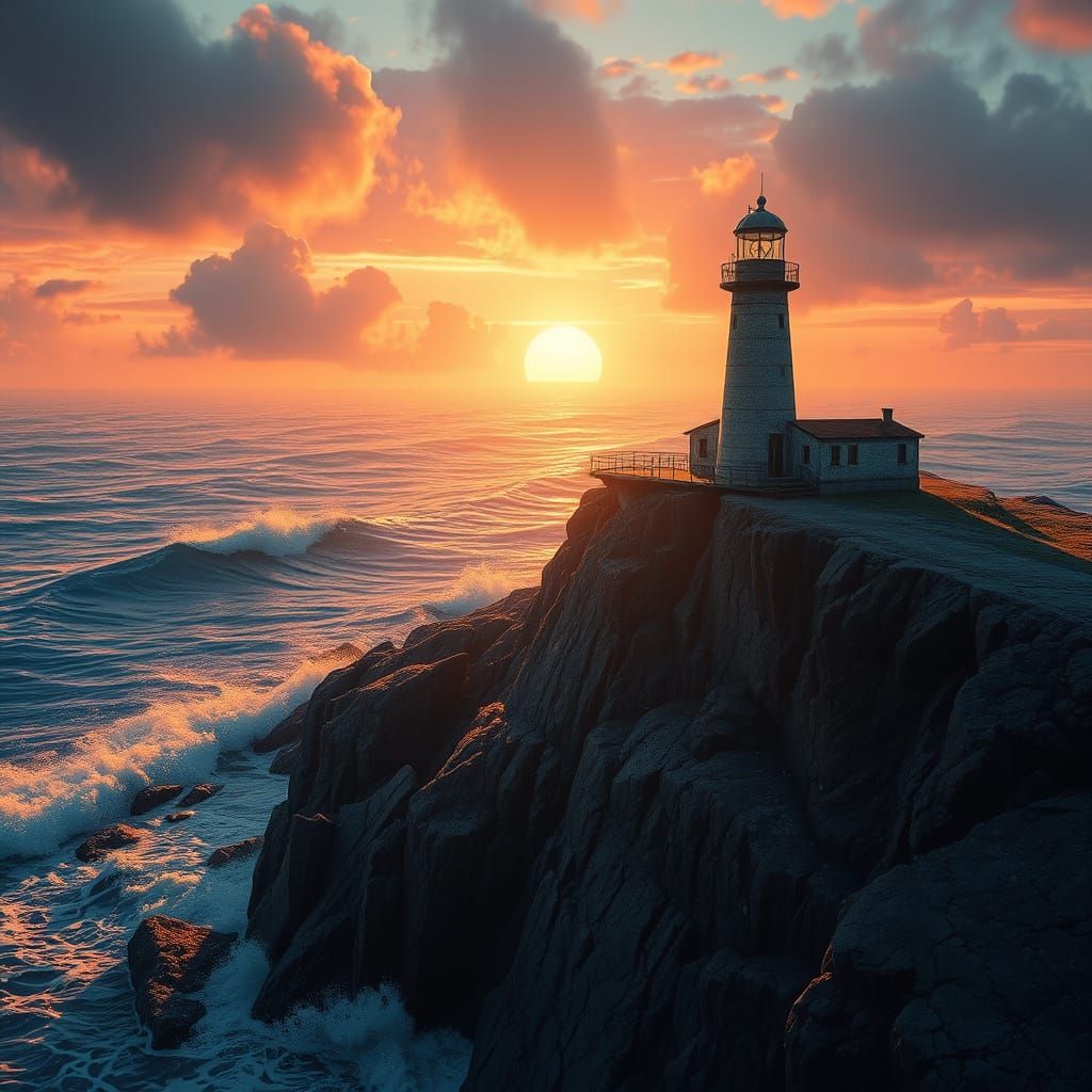 Lighthouse on Rocky Cliff at Sunset: Realistic Lighting