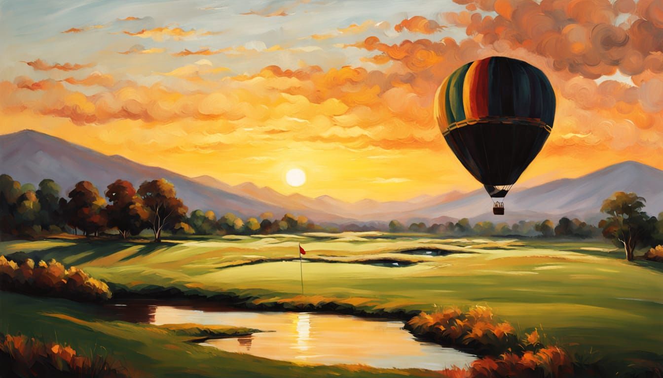 Hot Air Balloon Over Golf Course at Sunset Oil Painting