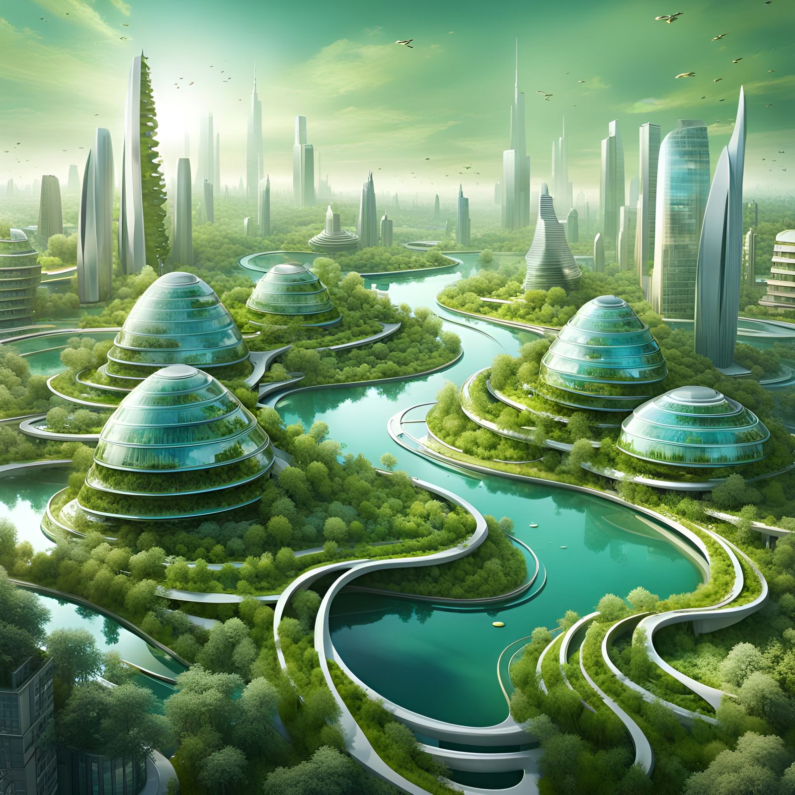 Futuristic Utopian Cityscape with Green Architecture